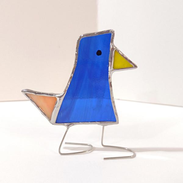 Stained Glass Standing Bird, Funky Blue and Orange Glass Bird Suncatcher, Bird Lover Gift, Windowsill Sitter