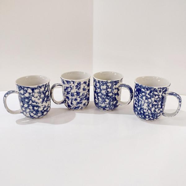 Vintage Blue and White Spongeware Coffee Tea Ceramic Mugs, Set of Four