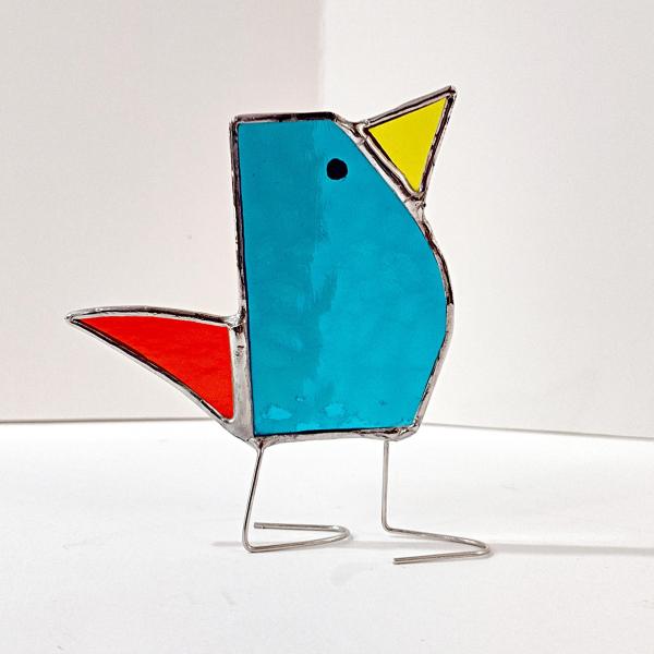 Stained Glass Standing Bird, Funky Turquoise Blue and Orange Glass Bird Suncatcher, Bird Lover Gift, Windowsill Sitter