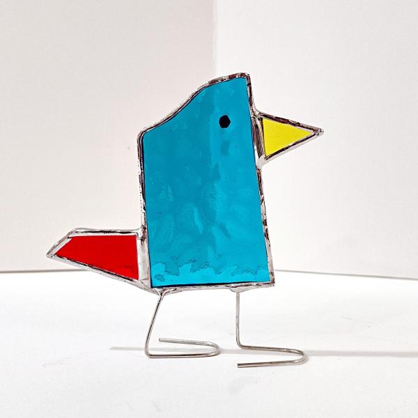Stained Glass Standing Bird, Funky Turquoise Blue and Red Glass Bird Suncatcher, Bird Lover Gift, Windowsill Sitter
