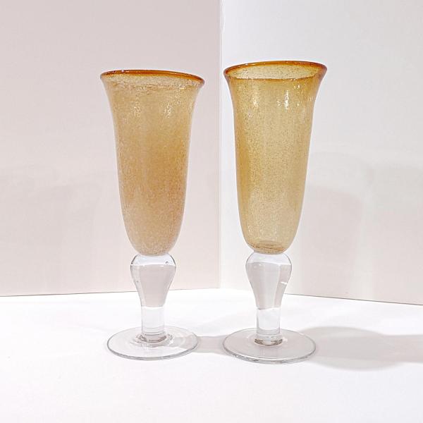 Vintage Artland Amber Iris Bubble Glass Champagne Flutes, Set of Two, Blown Glass Cocktail Goblets