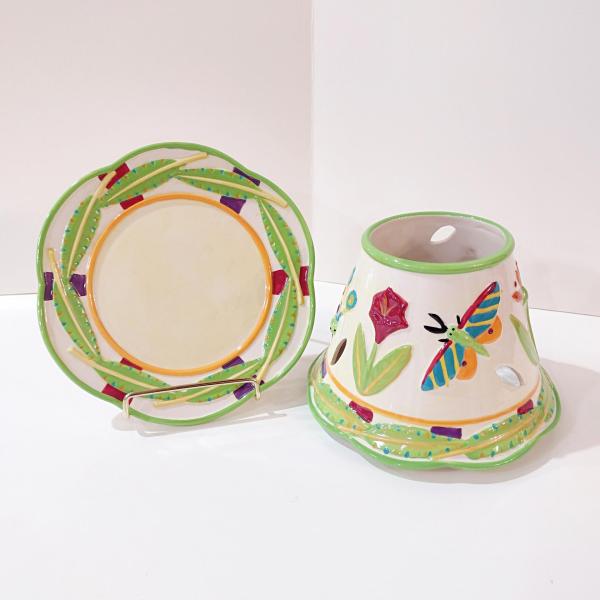 Vintage Yankee Candle Ceramic Shade Jar Topper and Under Plate, Floral Dragonfly Lady Bug Design