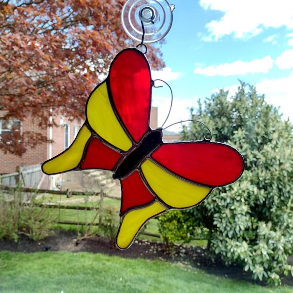 Stained Glass Butterfly Suncatcher, Red and Yellow Swallowtail Butterfly