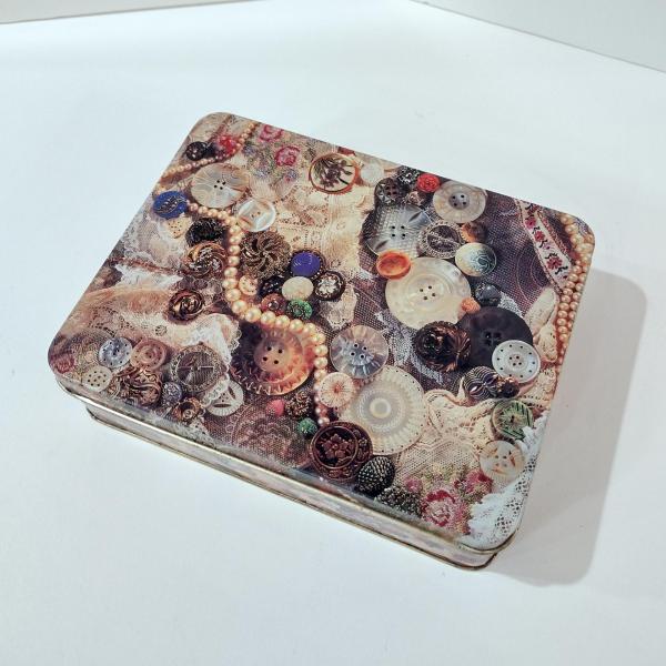 Vintage Buttons Pearls and Lace Metal Storage Tin Box