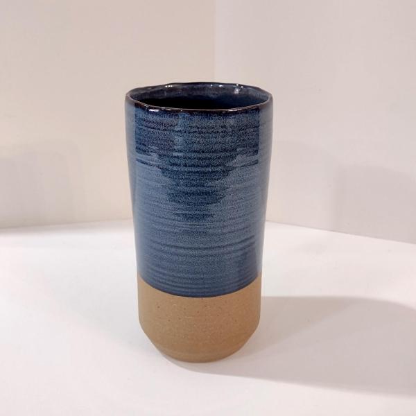 Blue and Tan Tall Ceramic Flower Vase, Ceramic Kitchen Utensil Holder, Vintage Pottery