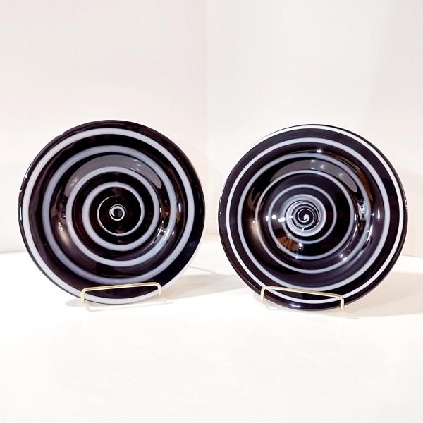 Vintage Black and White Spiral Swirled Art Glass Salad Dessert Luncheon Plates, Set of Two