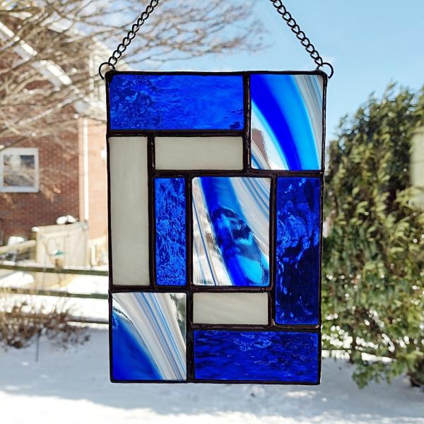 Blue and White Geometric Stained Glass Window Panel, Mondrian Suncatcher, Custom Colors Available