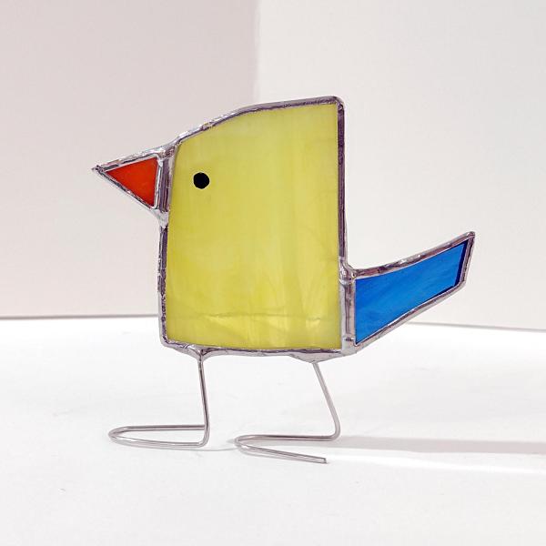 Stained Glass Standing Bird, Funky Yellow and Blue Glass Bird Suncatcher, Bird Lover Gift, Windowsill Sitter