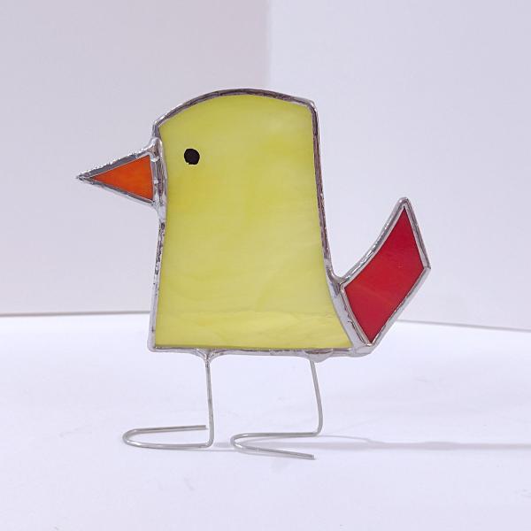 Stained Glass Standing Bird, Funky Yellow and Red Glass Bird Suncatcher, Bird Lover Gift, Windowsill Sitter