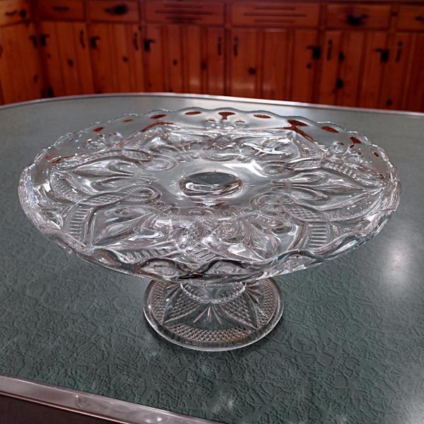 Antique 9 Inch Pressed Glass Pedestal Cake Stand with Lip, Bryce Higbee Arched Fleur De Lis, Pastry Dessert Display Plate, EAPG Cake Plate