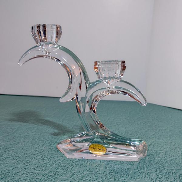 Vintage Lead Crystal Double Candlestick Holder, Art Deco Crystal Glass Candle Holder