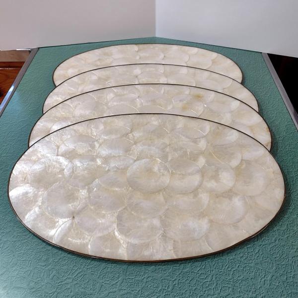 Vintage Capiz Shell Oval Placemats, Set of Four, 1960's Table Setting Decor
