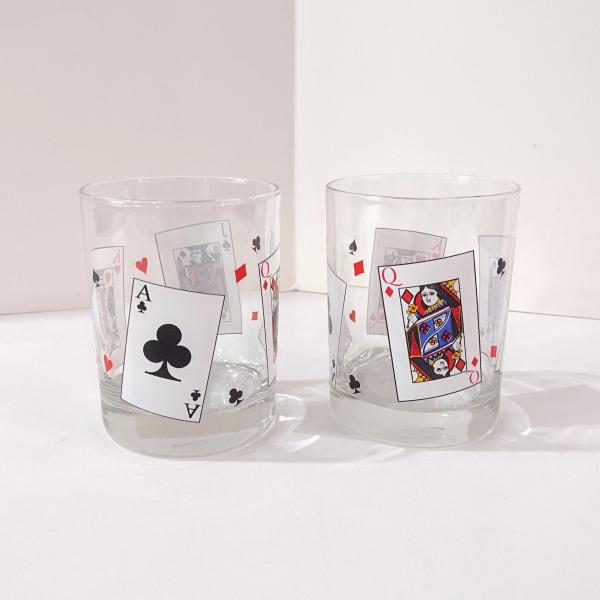 Vintage Luminarc Card Party Double Old Fashioned Whiskey Lowball Glasses, Set of Two, Playing Cards Poker Barware