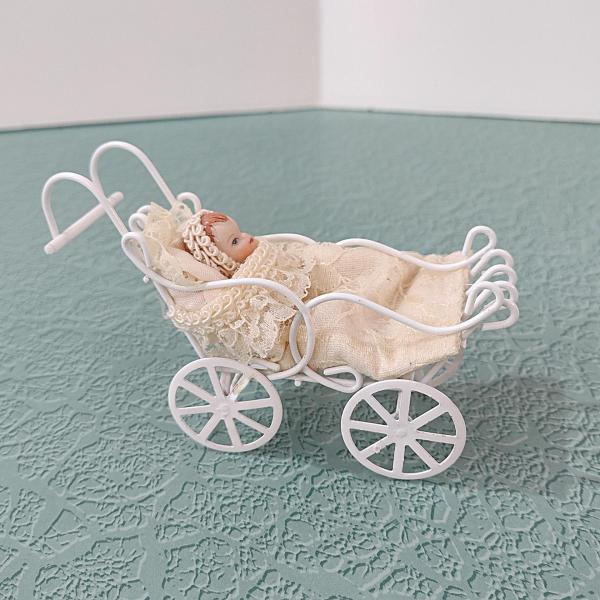 Vintage Victorian Lace Doll House Baby Carriage, Miniature Baby with White Metal Stroller Christmas Tree Ornament