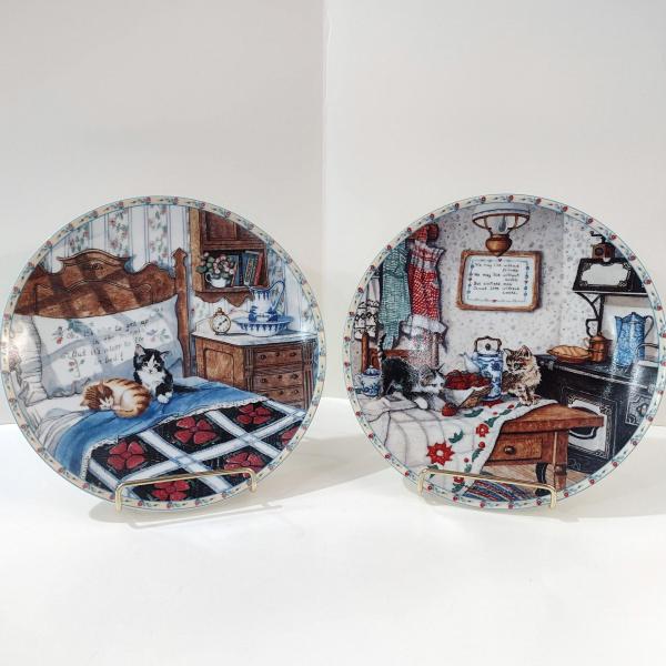 Vintage Comforts of Home Knowles Fine China Collectible Cat Plates, Set of 2, Sleepy Heads and Curious Pair Plates, Hannah Hollister Ingmire