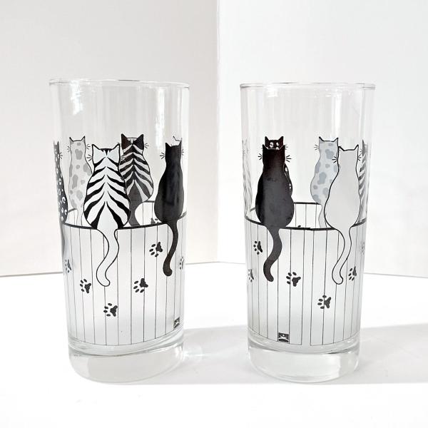 Vintage Black and White Cats on a Fence Highball Drinking Glasses, Set of 2, MCM Barware