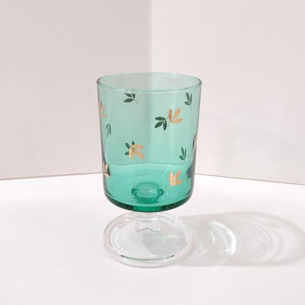 Vintage Emerald Green Gold Leaves Wine Cordial Glass, 1970's Cristal D'Arques Durand Green Cavalier Short Wine Glass