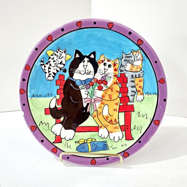 Vintage Candace Reiter Catzilla Cupid Cat Couple on a Park Bench Ceramic Plate, Whimsical Cat 8 Inch Plate