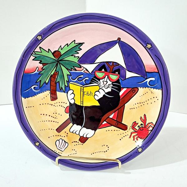 Vintage Candace Reiter Catzilla Beach Chair Reading Cat Ceramic Plate, Whimsical Cat 8 Inch Plate