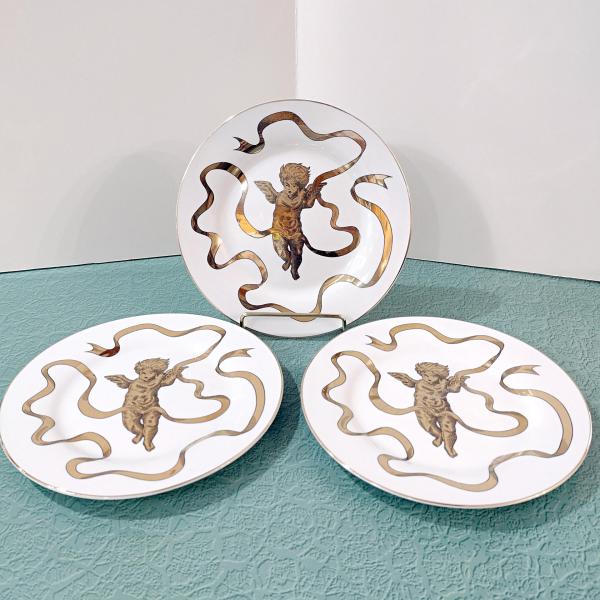 Vintage Gold Gilted Cherub Angel Appetizer Dessert Plates, Set of 3, Gold Metallic Holiday Plates