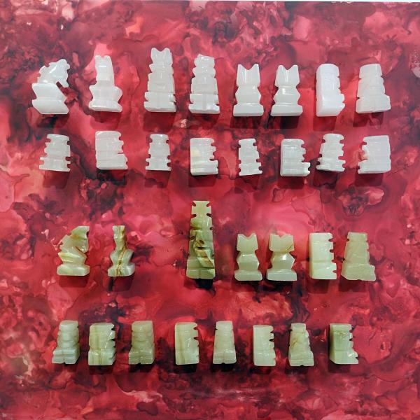 Vintage Hand Carved Stone Chess Pieces, Set of 31, Mayan Aztec Carved Stone Chess Set Figures