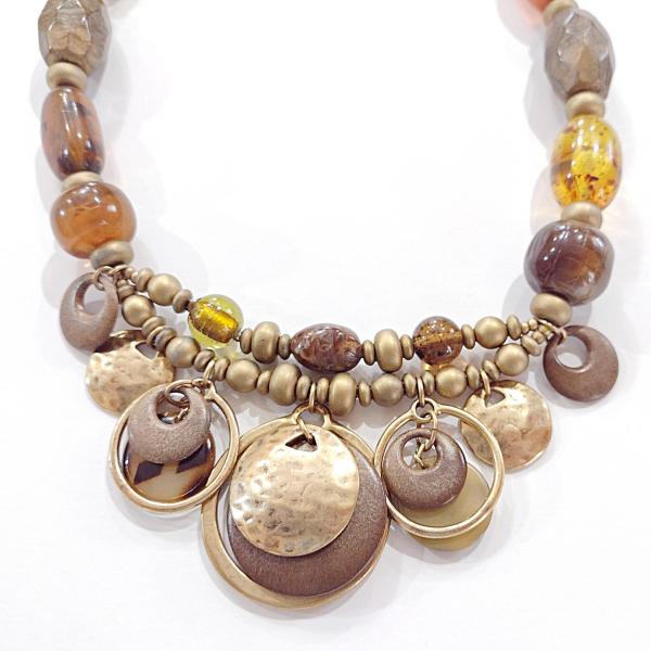 Vintage Brown and Amber Beaded, Gold Tone Rings and Bangles Chico's Statement Necklace, Adjustable 16" to 20"