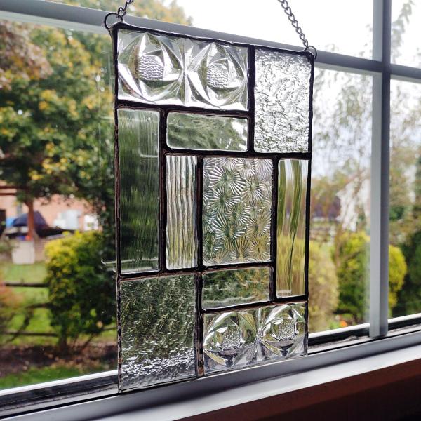 Clear Mondrian Style Geometric Stained Glass Suncatcher