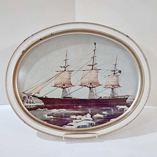 Vintage Currier and Ives Clipper Ship Red Jacket Oval Metal Serving Tray, Sunshine Biscuits Collectible Tray