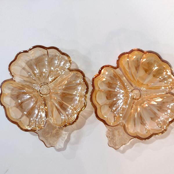 Vintage Jeanette Glass Marigold Doric Iridescent Clover Candy Nut Dishes, Set of Two, Vintage Carnival Glass