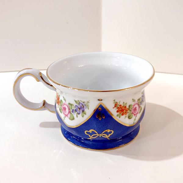Vintage Hand Painted Floral Flat Tea Cup, Blue Gold and Pink Painted Mug