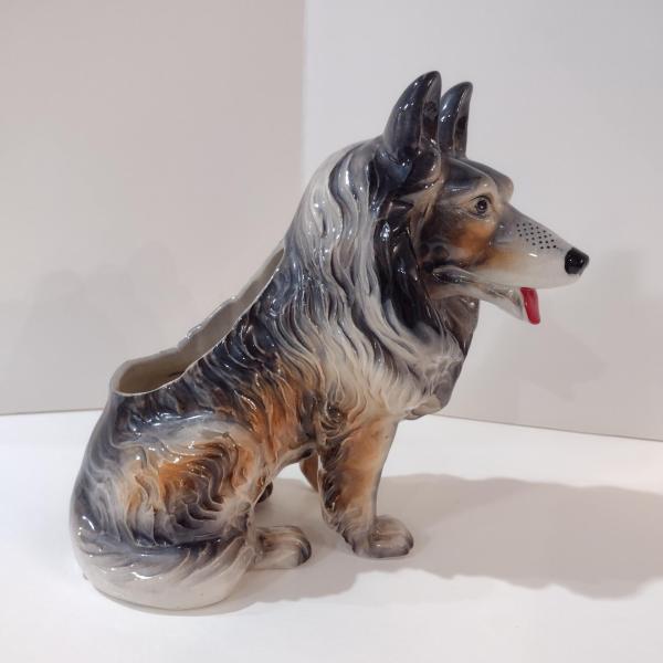 Vintage Ceramic Rough Collie Lassie Dog Planter Pot, 1950's Animal Planter