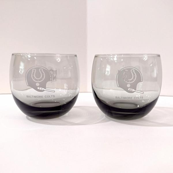 Vintage Baltimore Colts NFL Team Smoky Gray Lowball Whiskey Glasses, Set of Two