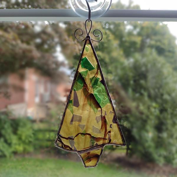 Stained Glass Fall Tree Suncatchers / Ornaments, Set of Two, Gold Confetti Glass
