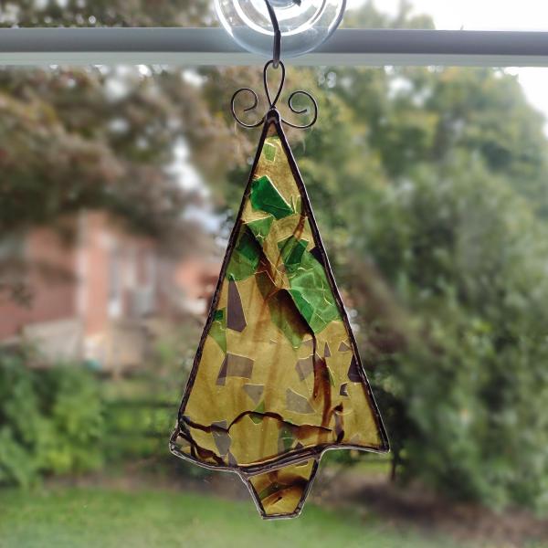 Stained Glass Fall Tree Suncatchers / Ornaments, Set of Two, Gold Confetti Glass