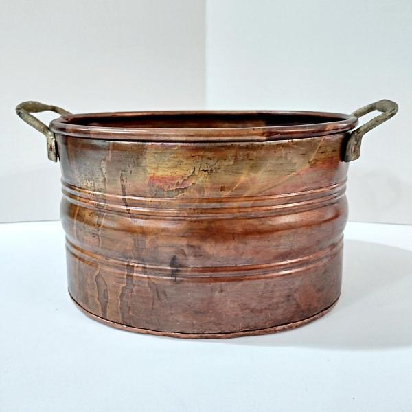 Vintage Patinaed Oval Copper Jardiniere Planter Pot with Brass Handles, Turkish Copper Vessel