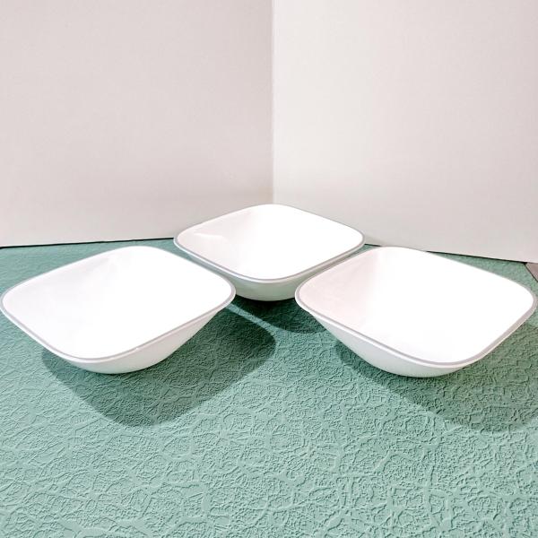 Corelle Blushing Rose Adlyn Square Cereal Salad Bowls, Set of Three, White Bowls with Gray Rims