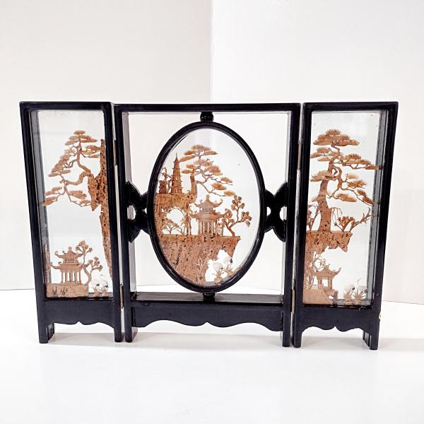 Vintage Chinese Cork Carving Folding 3 Panel Tabletop Diorama, 1970s Asian Art Screen