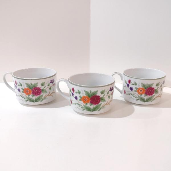 Vintage Mikasa Couture Collection Flat Tea Cups, Set of Three, Pink Blue Purple Floral Mugs