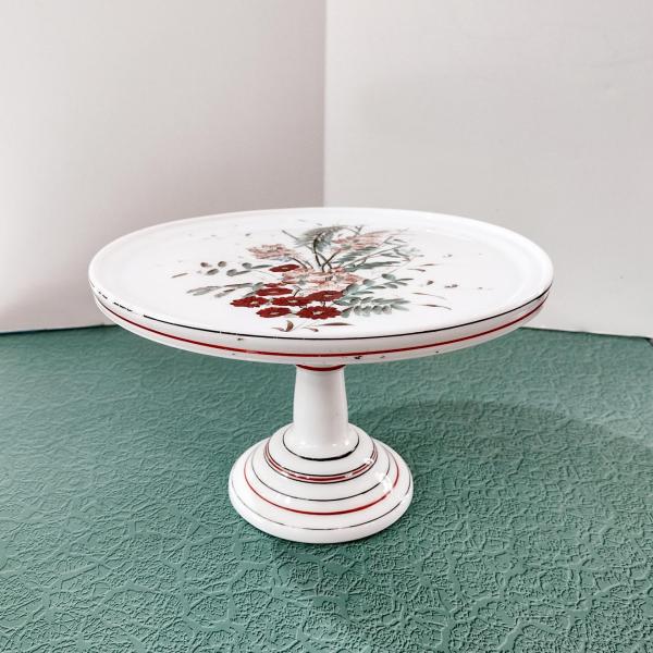 Antique Milk Glass 9 Inch Pedestal Cake Plate, Challinor Taylor Floral Design Cake Stand, Pastry Dessert Display Plate