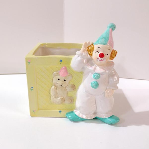 Vintage Clown and Building Block Ceramic Planter, Child's Room Decor Caddy / Holder