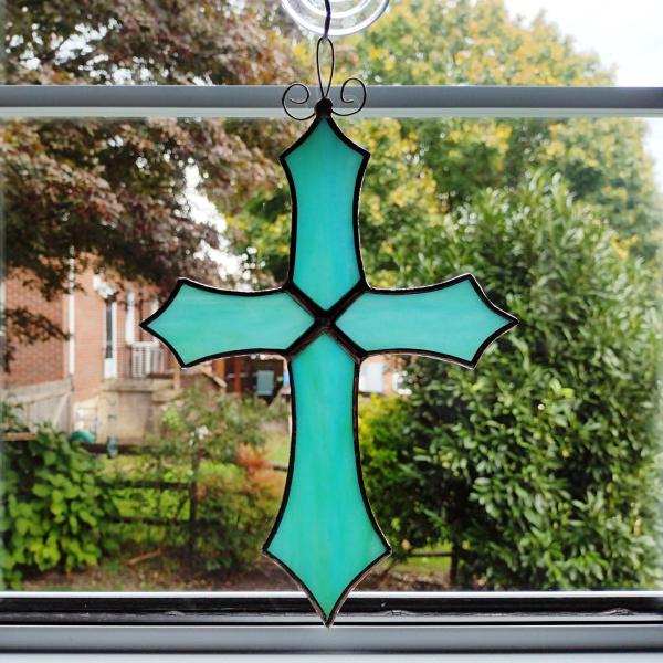 Stained Glass Cross Suncatcher, Aqua Blue Swirl