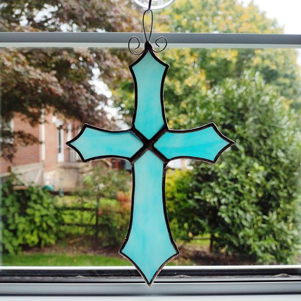 Stained Glass Cross Suncatcher, Blue and White Swirl