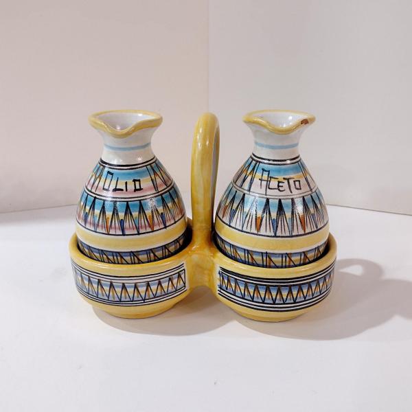 Vintage Italian Hand-Painted Ceramic Cruet Set, Oil and Vinegar Pitchers with Holder