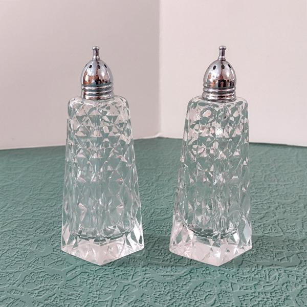 Vintage Cut Glass Diamond Shaped Salt and Pepper Shaker Set