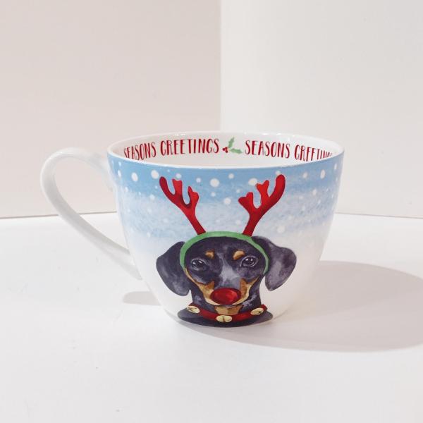 Dachshund Reindeer Christmas Mug, Portobello by Design Bone China Large Oversized Holiday Coffee Mug