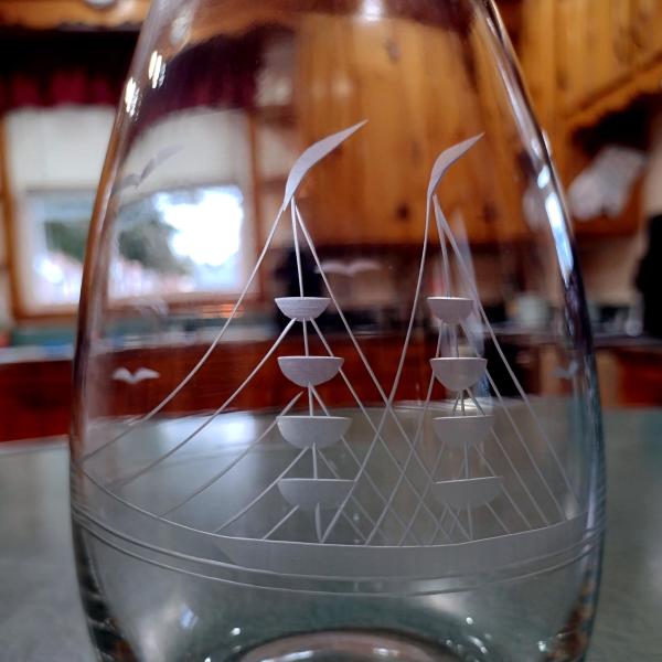 Vintage Etched Glass Ships Wine Decanter with Stopper, Nautical Barware