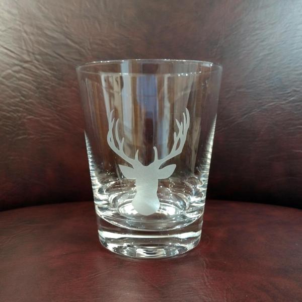 Vintage Etched Reindeer Head Whiskey Rocks Lowball Glass