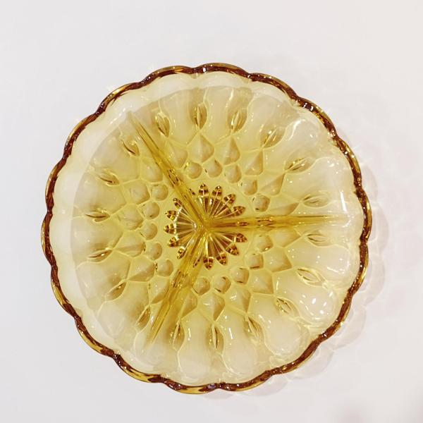 Vintage Amber Yellow Pressed Glass Three Section Divided Serving Dish, Round Relish Tray, Sectioned Charcuterie Dish