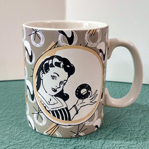 Vintage 1950's Style Graphic Woman with Donut Coffee Mug, Funny Donut Saying Oversized Mug, Fitness Donut in my Mouth