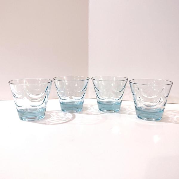 Vintage Light Blue Draped Lowball Rocks Glasses, Set of Four, MCM Whiskey Glasses